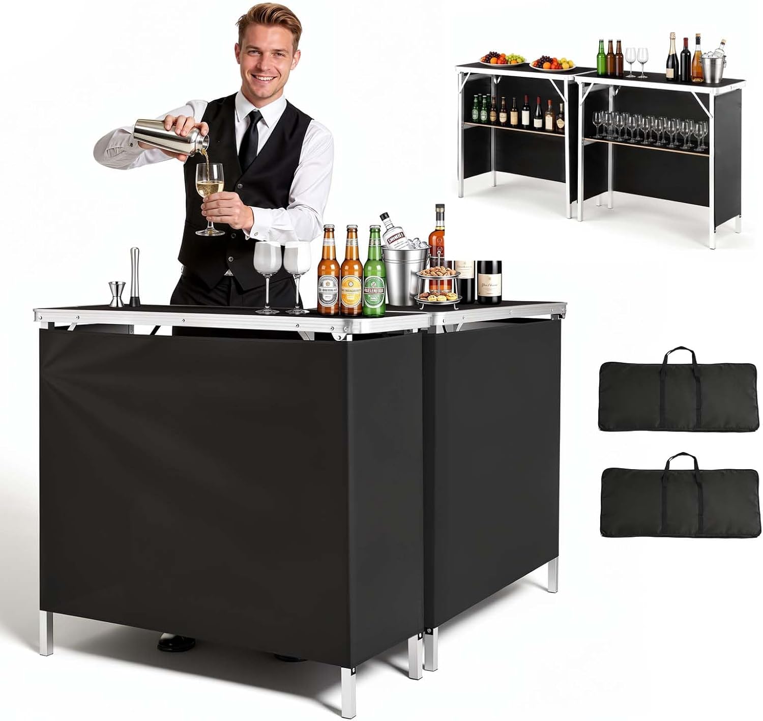 Desk Setup Black - Draagbare opklapbare bartafelset, mobiel barmanwerkstation met