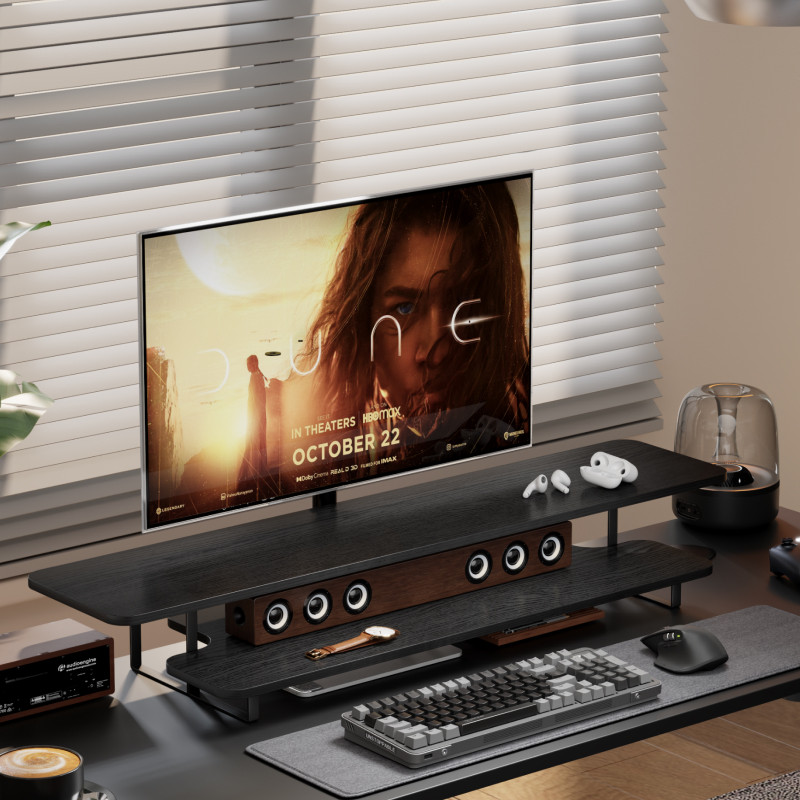 Desk Setup Monitor And Laptop - Monitorstandaard met walnoot afwerking Massief houten