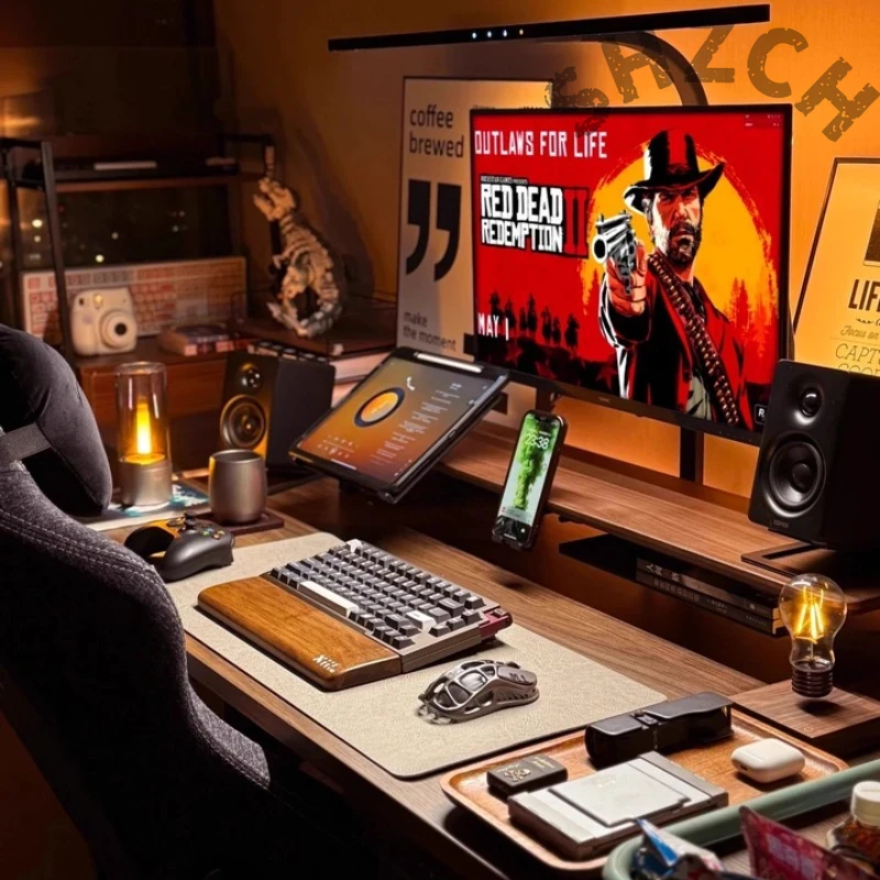 Desk Setup Monitor And Laptop - Modulaire monitorstandaard van walnoot voor ergonomische
