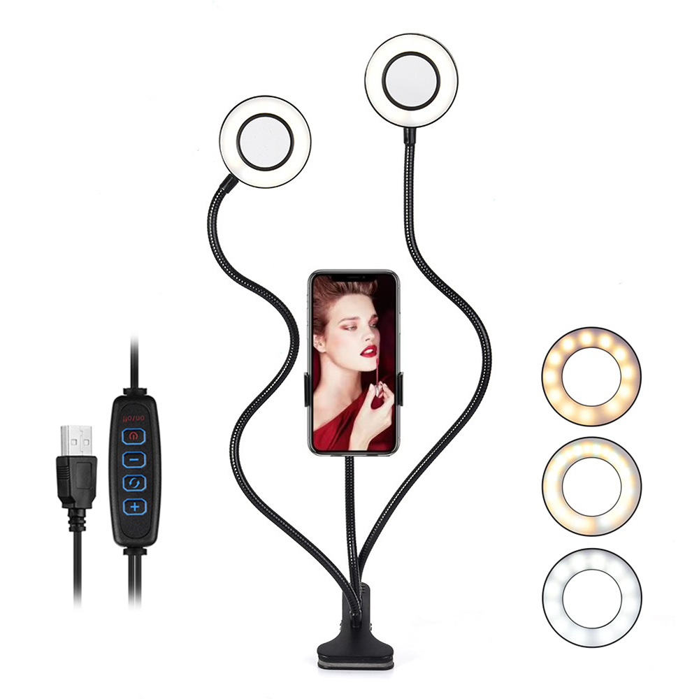 Dual Phone Holder - Dual Lights Led-ringvullicht Flexibel USB-ringlicht Invullamp