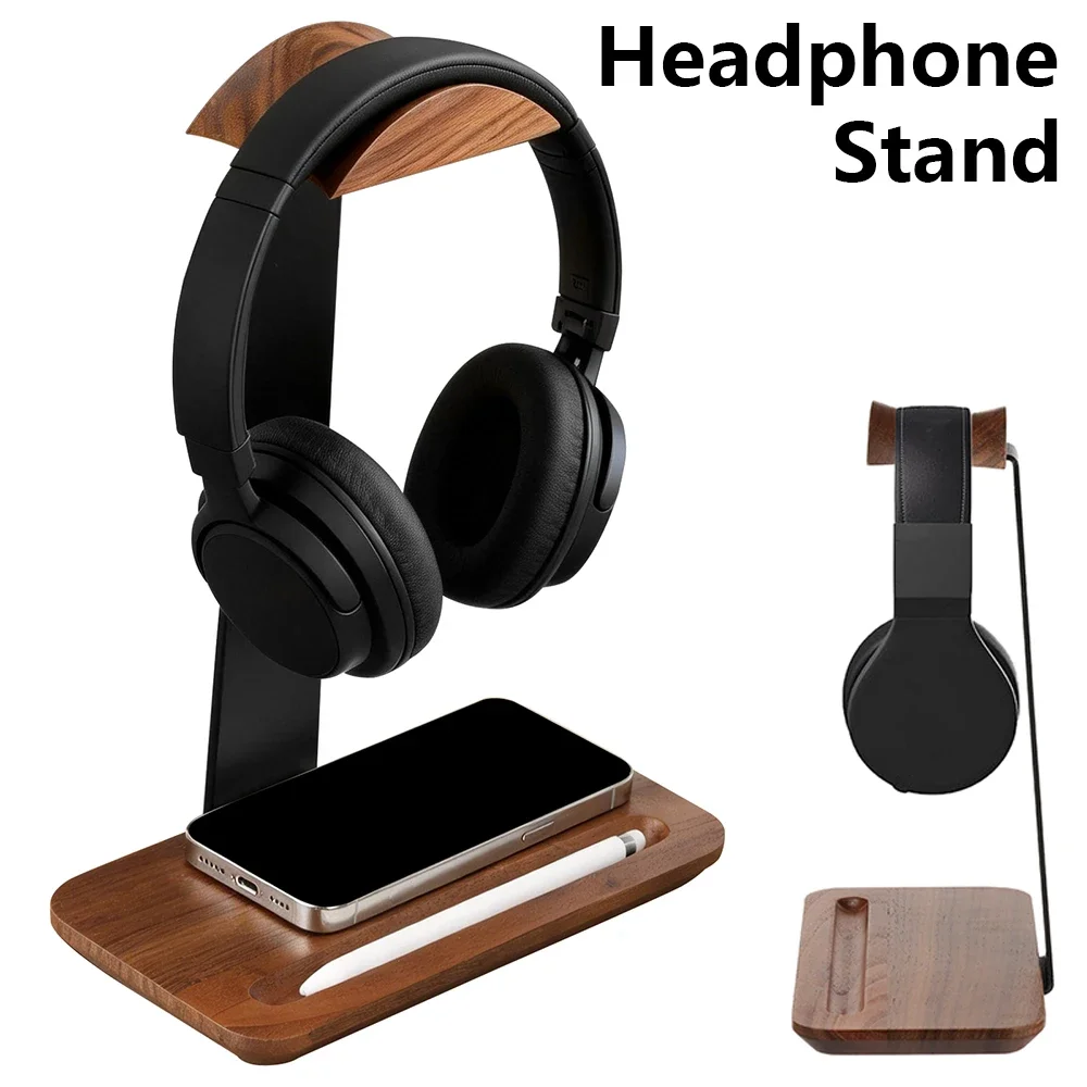 Desk Setup Desk - Universele houten hoofdtelefoonstandaard met opbergbasis, antislip