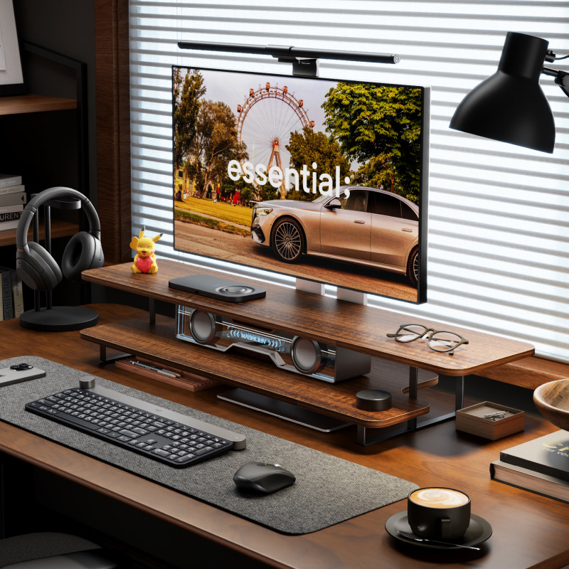 Monitorstandaard met walnoot a - Desk Setup Monitor And Laptop recensie en prijs